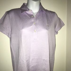 Purple and white short sleeve polo.